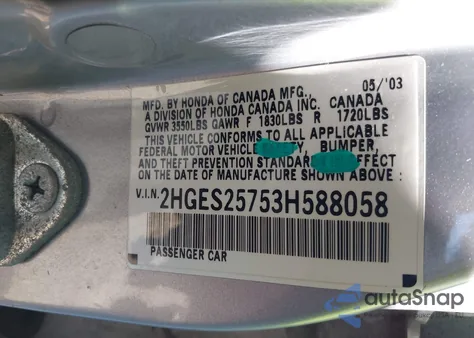 2003 Honda Civic Ex z USA, uszkodzony, nr VIN 2HGES25753H588058